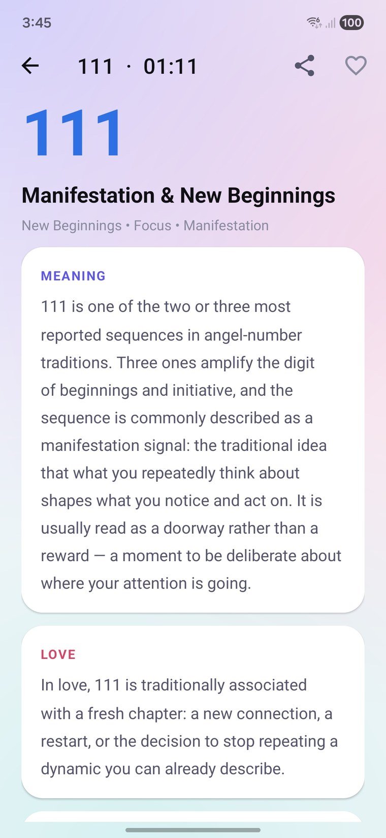 The Angel Numbers app open on the meaning of 111