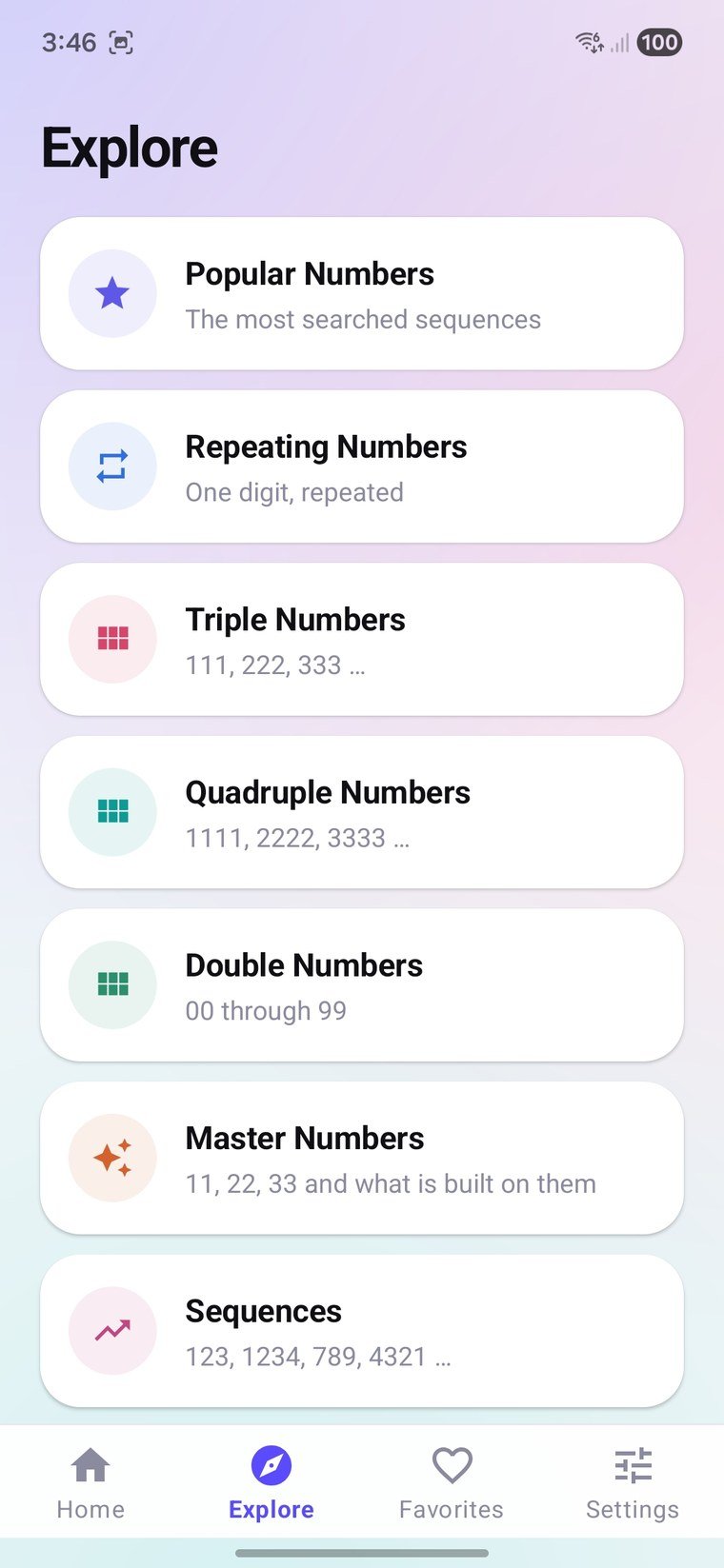 Browse when no number is in mind. Screenshot of the Angel Numbers app